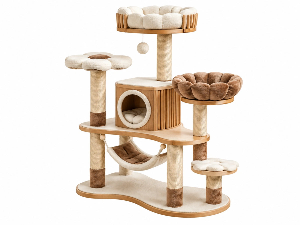 Krabpaal 80 x 60 x 170 cm hout sisal beige bruin met kattenhuis hangmat en ligplaatsen