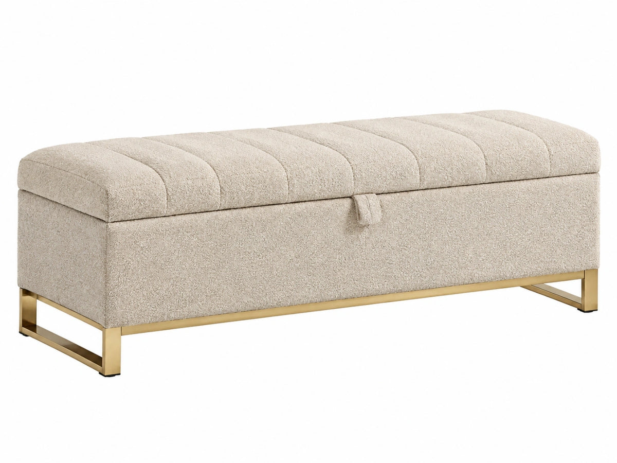 Opbergbank 120 x 45 x 45 cm beige bouclé stof met gouden metalen poten geribbelde zitting