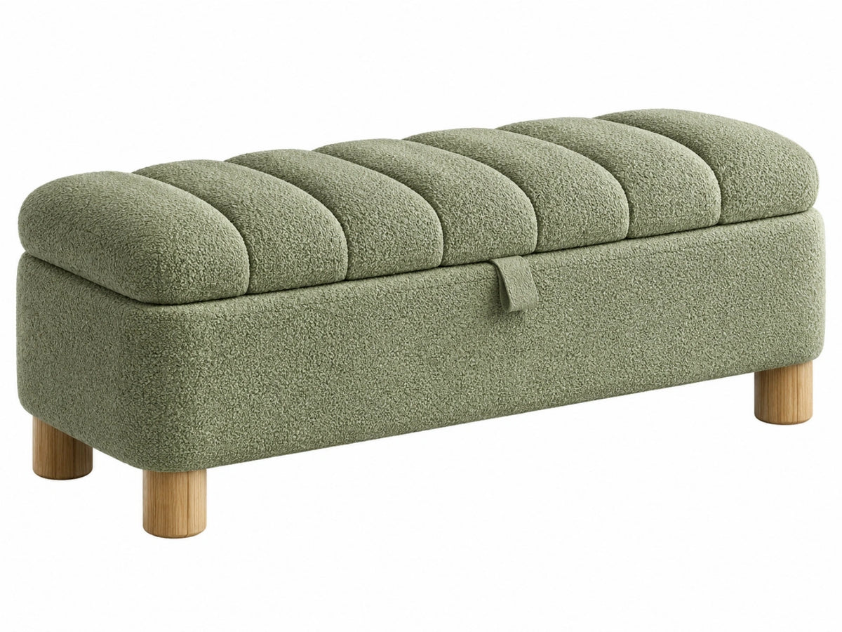 Opbergbank 110 x 45 x 48 cm bouclé stof saliegroen - gewatteerde zitting met houten poten