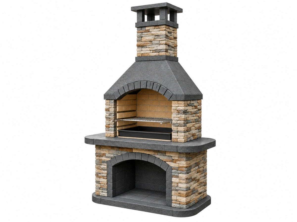 Buitenbarbecue 150 x 80 x 250 cm steen en metaal grijs beige met schoorsteen