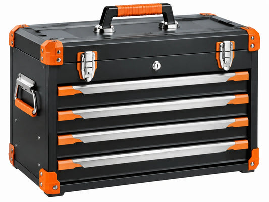 Gereedschapskist 60 x 30 x 40 cm staal zwart/oranje met 4 laden en afsluitbaar vak