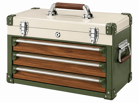 Gereedschapskist 60 x 30 x 40 cm metaal groen met houten laden industriële opbergkist