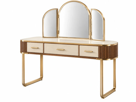 Kaptafel 140 cm met spiegel en lades - hout metaal glas crème goud art deco