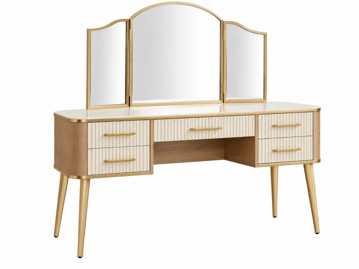 Kaptafel 120 x 45 x 150 cm houtkleurig crème goud met driedelige spiegel en 5 laden