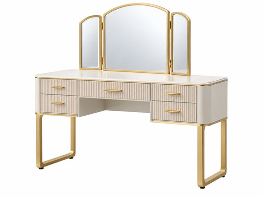 Kaptafelset 120 x 45 x 145 cm crème/goud houtmateriaal met drievoudige spiegel en 5 laden