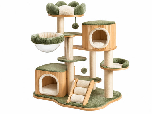 Krabpaal voor katten 100 x 60 x 160 cm hout groen crème - met sisal krabpalen en slaapplaatsen
