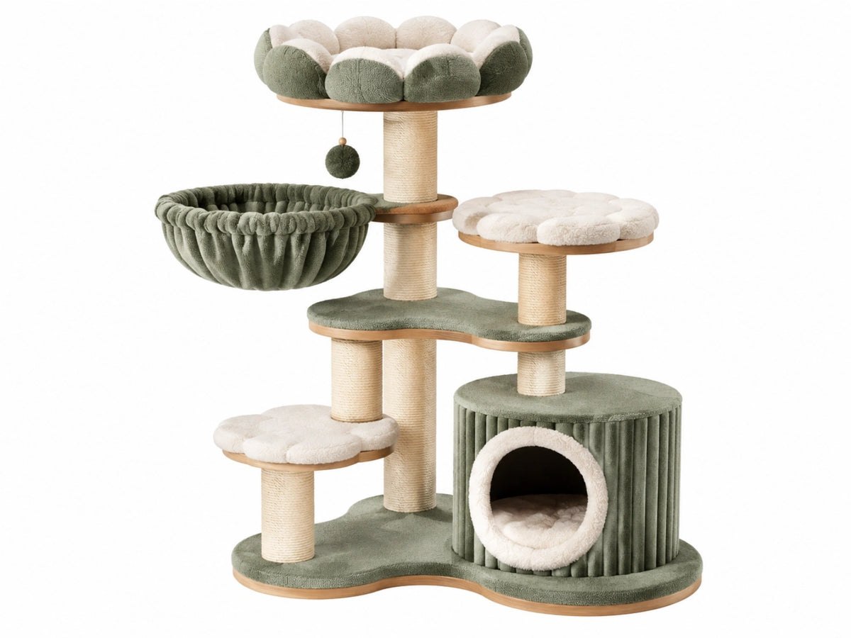 Kattenboom 70 x 50 x 150 cm met sisal krabpalen groen/crème pluche rustplek