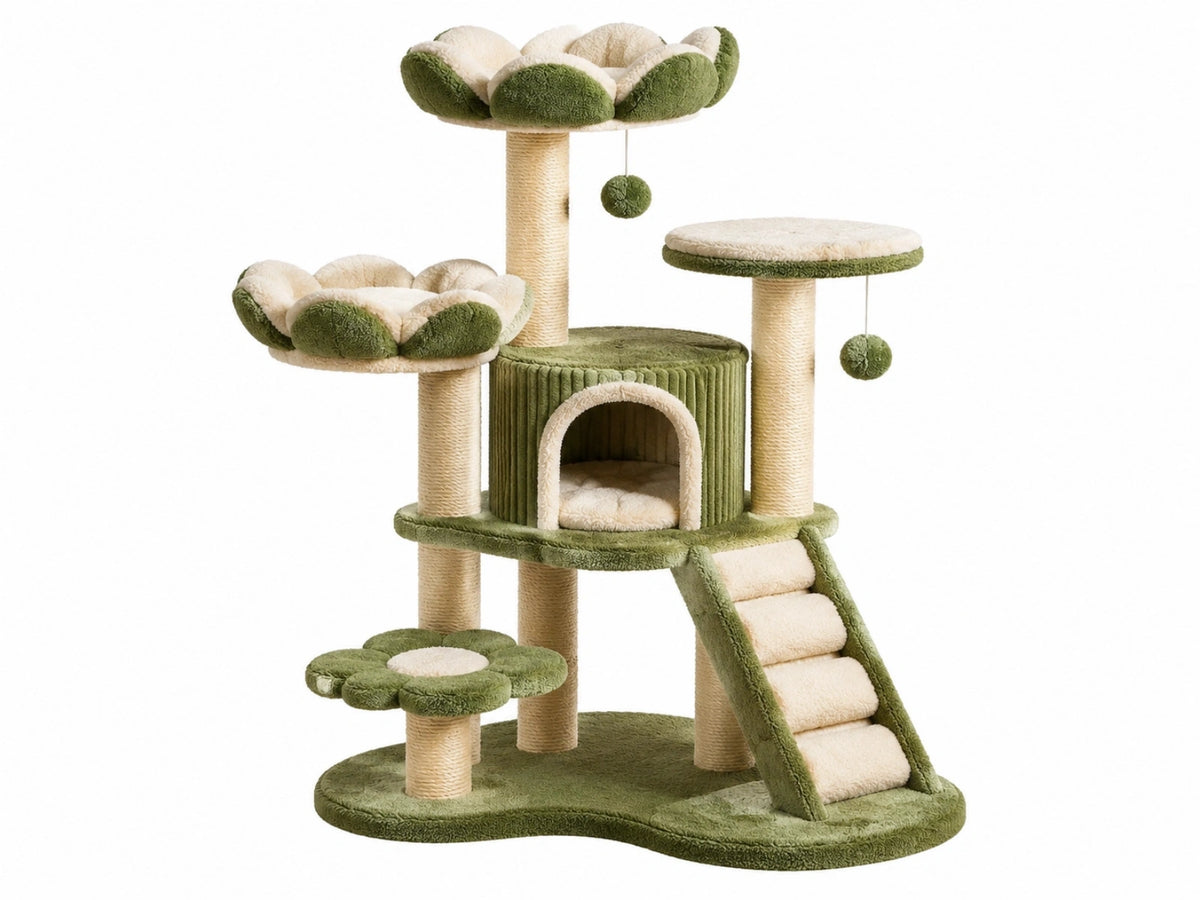 Kattenkrabpaal 60 x 50 x 145 cm sisaltouw pluche groen crème - speelmeubel met krabpalen en kattenhuis