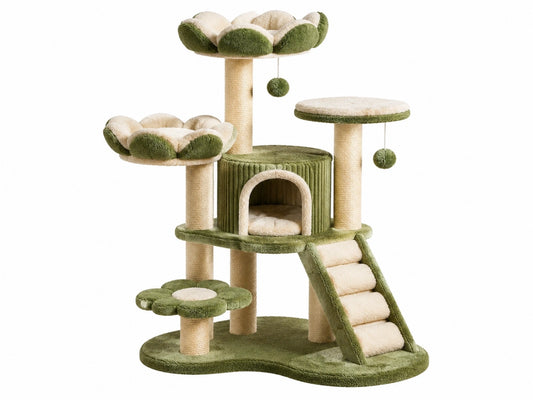 Kattenkrabpaal 60 x 50 x 145 cm sisaltouw pluche groen crème - speelmeubel met krabpalen en kattenhuis