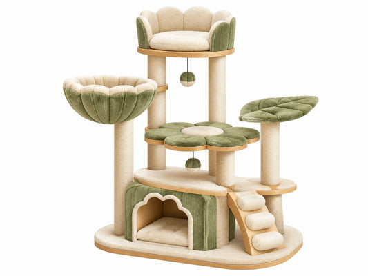 Krabpaal 120 x 60 x 175 cm groen crème - hout sisaltouw en pluche - kattenmeubel met ligplaatsen