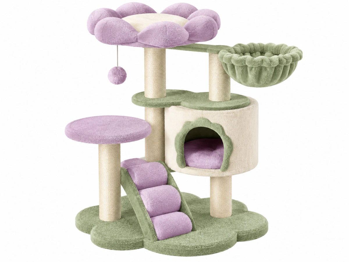 Kattenkrabpaal 60 x 60 x 120 cm pluche sisal groen paars met rustplek
