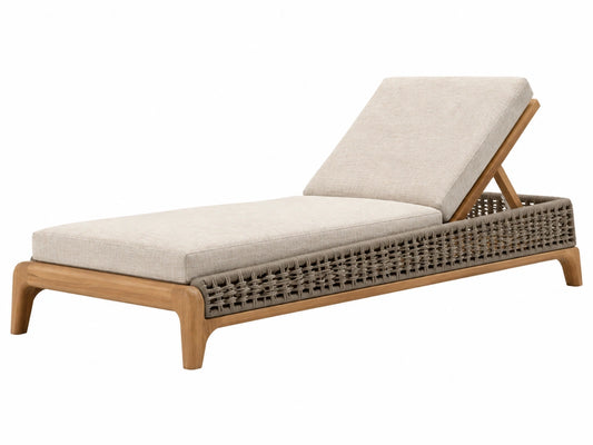 Ligbed 200 x 75 x 90 cm - houten frame met beige textiel en gevlochten koord - verstelbare rugleuning voor buiten