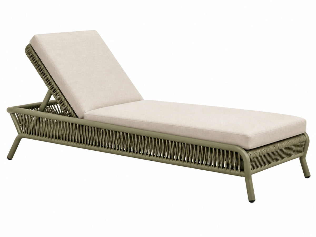 Ligbed 200 x 70 x 85 cm - olijfgroen metalen frame met gevlochten koord en beige bekleding voor buiten