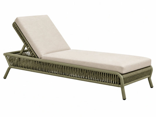 Ligbed 200 x 70 x 85 cm - olijfgroen metalen frame met gevlochten koord en beige bekleding voor buiten