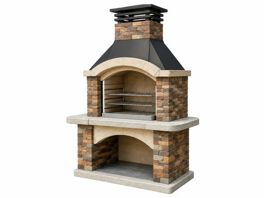 Buitenbarbecue 120 x 70 x 230 cm natuursteen baksteen zwart metaal - met schoorsteen en grillroosters