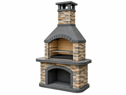 Buitenbarbecue 150 x 80 x 250 cm steen en metaal grijs beige met schoorsteen