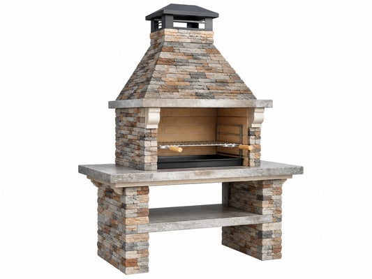 Buitenbarbecue 150 x 85 x 250 cm steen grijs beige bruin met schoorsteen en grillrooster