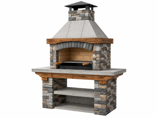 Buitenhaard met barbecue 150 x 90 x 230 cm steen grijs met houtaccenten