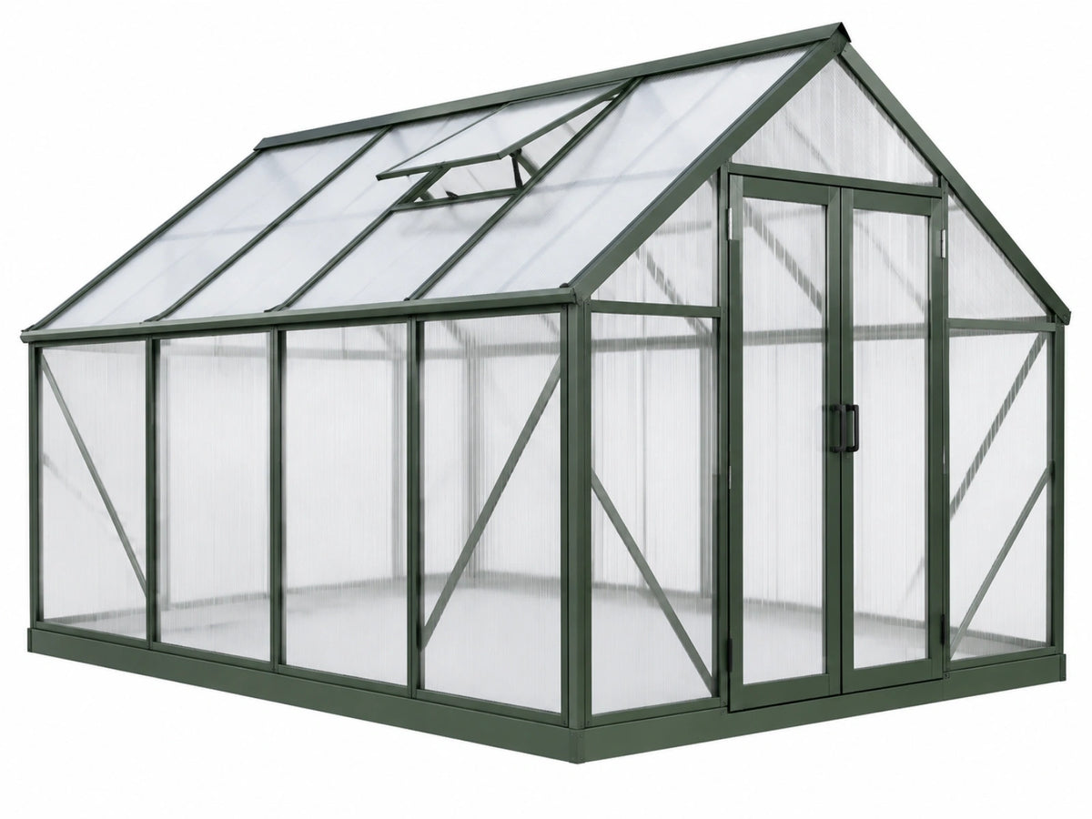 Kweekkas 190 x 190 x 195 cm aluminium groen met polycarbonaatpanelen - vrijstaand met dakraam