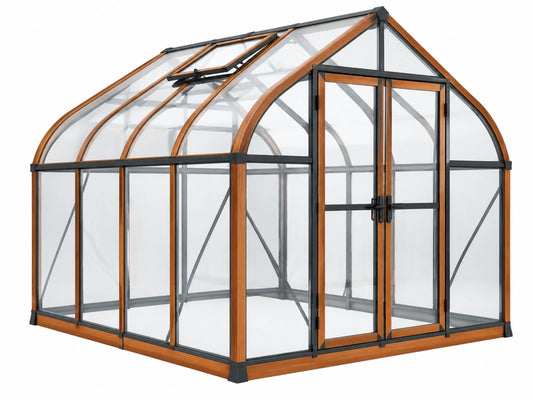 Tuinkas 300 x 240 x 250 cm - transparante panelen met bruin zwart metalen frame en dakraam