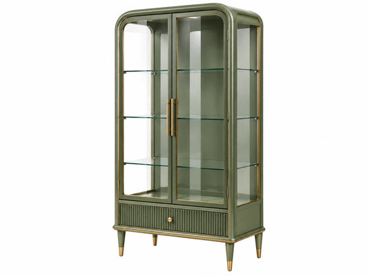 Vitrinekast 90 x 45 x 190 cm groen hout en glas met lade