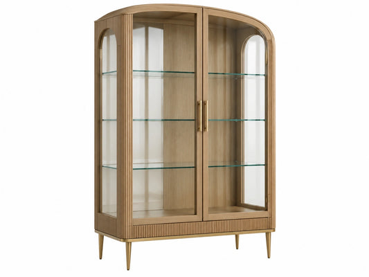 Vitrinekast 110 x 45 x 190 cm houtkleurig hout en glas met gebogen glazen deuren
